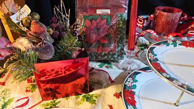 Poinsettia Christmas dishware with tablecloth and more