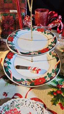 Poinsettia Christmas dishware with tablecloth and more