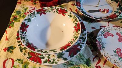 Poinsettia Christmas dishware with tablecloth and more