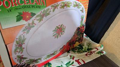Poinsettia Christmas dishware with tablecloth and more