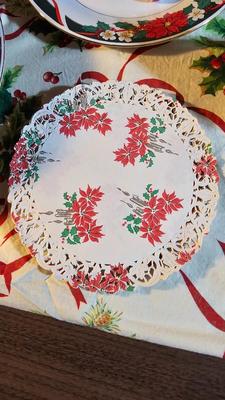Poinsettia Christmas dishware with tablecloth and more