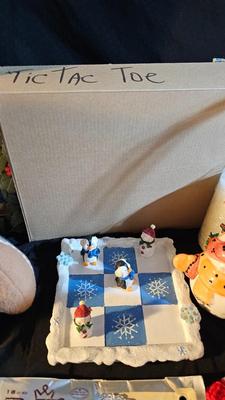 Christmas Decorations - Gingerbread - snowman / penguin tic-tac toe game, silver bow decorations and more