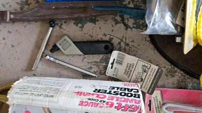 Variety of Auto needs - small tools - 16 foot 6 guage angle clamp booster cables and more