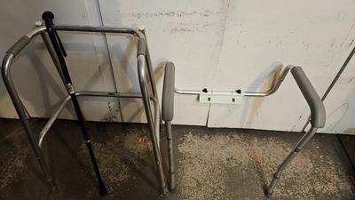 Mobility assist walker, adjustable cane, and toilet mount safety rail