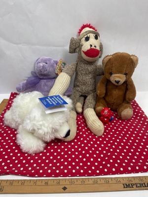 Lot of 4 stuffs - Bears and Sock Monkey on red & white pillowcase