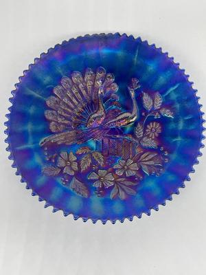 Peacock on fence-Electric Blue Carnival Glass Plate