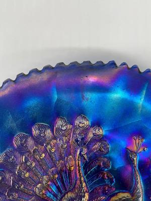 Peacock on fence-Electric Blue Carnival Glass Plate