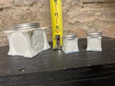Beebe bud vase and antique Bel-Bon milk glass mini canisters
