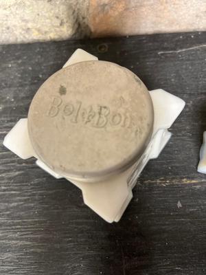 Beebe bud vase and antique Bel-Bon milk glass mini canisters