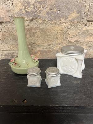 Beebe bud vase and antique Bel-Bon milk glass mini canisters