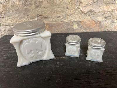 Beebe bud vase and antique Bel-Bon milk glass mini canisters