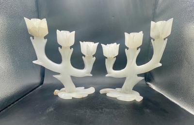 Pair of Vintage Hand Carved Marble Three Tulip Candle Holder Candelabra Mexico