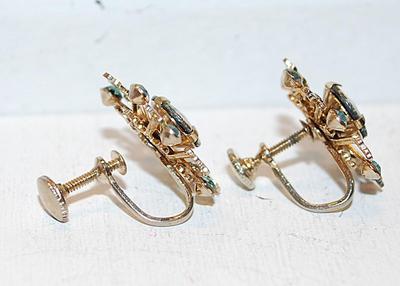 VINTAGE 1945-1950's Very Colorful PINK & GREEN Petal Earrings (¾" Diam.) with AQUAMARINE Stones and Screw Clasp