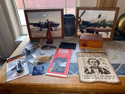 32 OUNCE "PROMOTED TO GRANDPA" MUG AND PHOTOGRAPHS OF AN OLD FIGHTER PLANE AND OTHER INTERESTING ITEMS