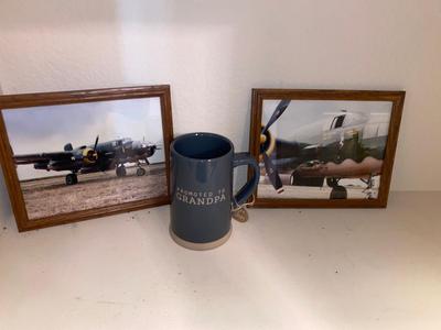 32 OUNCE "PROMOTED TO GRANDPA" MUG AND PHOTOGRAPHS OF AN OLD FIGHTER PLANE AND OTHER INTERESTING ITEMS