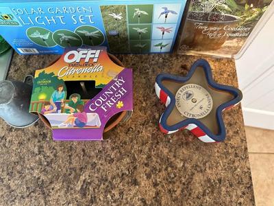3 PIECE SOLAR GARDEN LIGHT SET, INSECT REPELLENT CANDLES, HOT SHOT INSECT FOGGER, CONTAINER FOUNTAIN KIT AND MORE