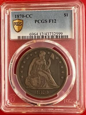 1870-CC PCGS F12 (Gold Shield) Seated Liberty Silver Dollar Coin First Year CC