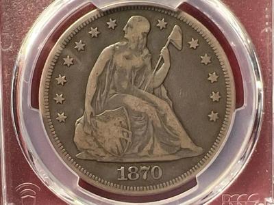 1870-CC PCGS F12 (Gold Shield) Seated Liberty Silver Dollar Coin First Year CC