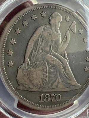 1870-CC PCGS F12 (Gold Shield) Seated Liberty Silver Dollar Coin First Year CC