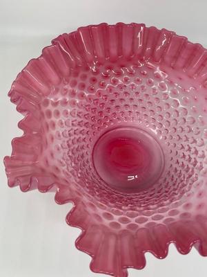 9.5"x4" Pink Fenton ribbon bowl & 5" blue Fenton vase