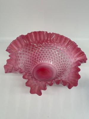 9.5"x4" Pink Fenton ribbon bowl & 5" blue Fenton vase