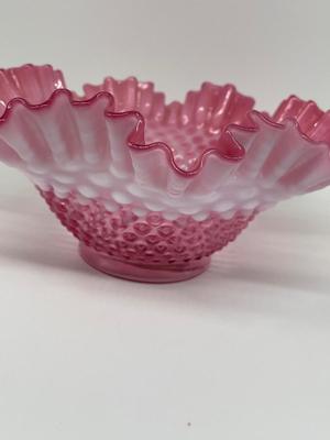 9.5"x4" Pink Fenton ribbon bowl & 5" blue Fenton vase