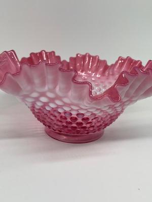 9.5"x4" Pink Fenton ribbon bowl & 5" blue Fenton vase