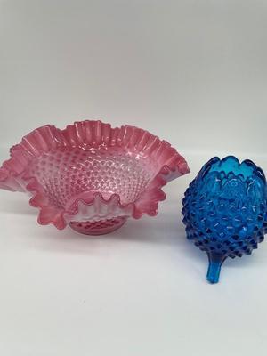 9.5"x4" Pink Fenton ribbon bowl & 5" blue Fenton vase