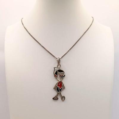 LOT 30: Vintage Stained Glass Pinocchio Pendant on 925 Sterling Chain 10gtw