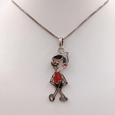 LOT 30: Vintage Stained Glass Pinocchio Pendant on 925 Sterling Chain 10gtw