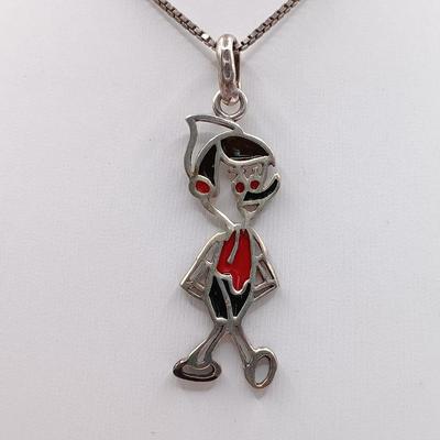 LOT 30: Vintage Stained Glass Pinocchio Pendant on 925 Sterling Chain 10gtw