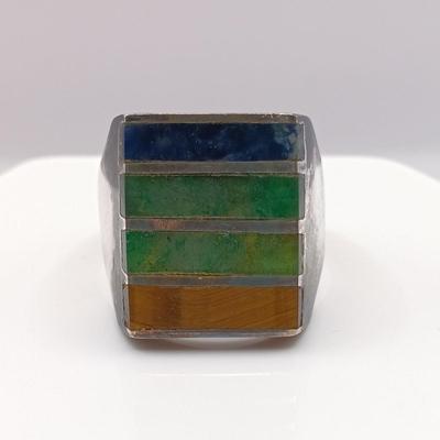LOT 31: Vintage Men's 925 Sterling Silver Ring with Stone Inlay 11.8gtw Sz 10