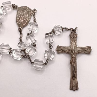 LOT 39: Vintage Rhinestone/Crystal Rosary w/ 800 Silver Rosary in Silver-Tone Pillbox