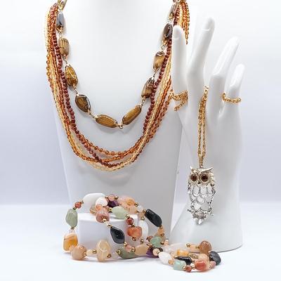 LOT 42: Vintage Articulated Owl Pendant on Gold-Tone Necklace, Tigers Eye Stone Necklace, Multi-Gemstone Nugget Necklace & More