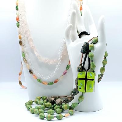 LOT 43: Quartz Stone Necklaces, Green Paper Rolled Necklace, Glass Pendant Necklace & More