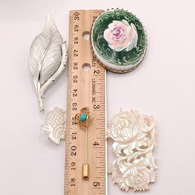 LOT 45: Vintage Brooches - Carved Mother of Pearl, Handpainted Ceramic, Moonstone on Silver-Tone Backing & More