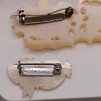LOT 45: Vintage Brooches - Carved Mother of Pearl, Handpainted Ceramic, Moonstone on Silver-Tone Backing & More