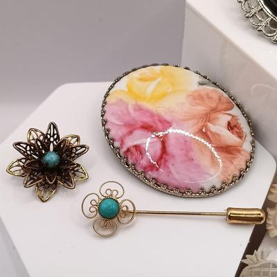 LOT 45: Vintage Brooches - Carved Mother of Pearl, Handpainted Ceramic, Moonstone on Silver-Tone Backing & More