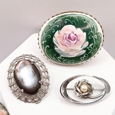 LOT 45: Vintage Brooches - Carved Mother of Pearl, Handpainted Ceramic, Moonstone on Silver-Tone Backing & More