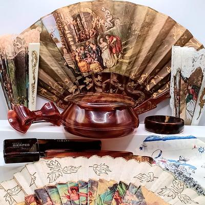 LOT 51: Vintage Pyralin Dubarry Powder Box, Feaux Tortoiseshell Combs, Vintage Fans & More