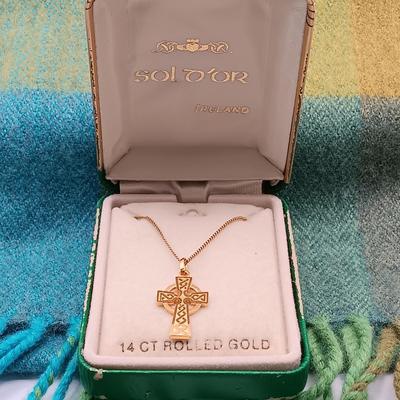 LOT 52: Collection of Irish Inspired Fashion Items Including (1) 12K Rolled Gold and (1) Silver Connemara Marble Brooches