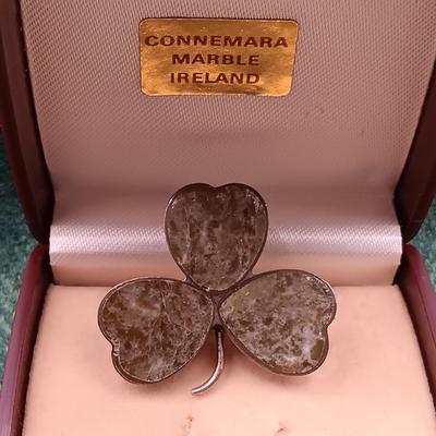 LOT 52: Collection of Irish Inspired Fashion Items Including (1) 12K Rolled Gold and (1) Silver Connemara Marble Brooches