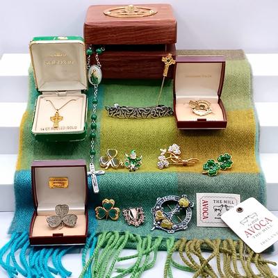 LOT 52: Collection of Irish Inspired Fashion Items Including (1) 12K Rolled Gold and (1) Silver Connemara Marble Brooches