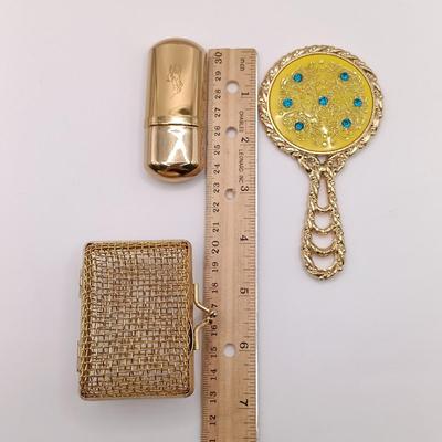 LOT 53: Vintage Vanity Collection - Ralph Lauren Polo Perfume Bottle, Metal Wire Coin Purses, Reed & Barton 706-S Pill Box & More