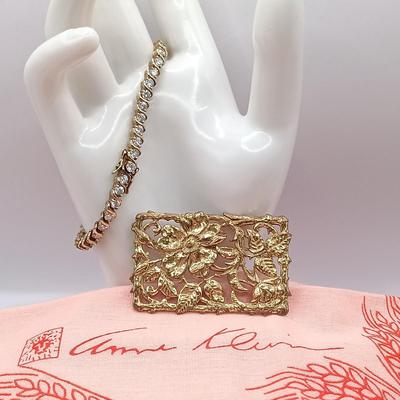 LOT 260: Vintage Gold Vermeil (925) CZ Tennis Bracelet, Miriam Haskell Floral Brooch & Anne Klein Scarf