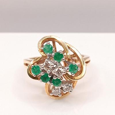 LOT 244: 14K Yellow Gold, Emerald and Diamond Ring 4.5gtw Sz 6
