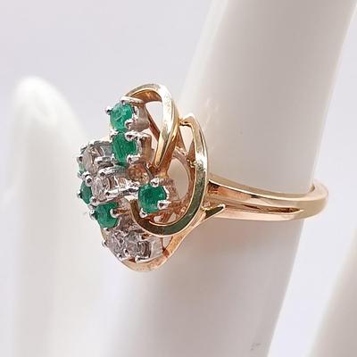 LOT 244: 14K Yellow Gold, Emerald and Diamond Ring 4.5gtw Sz 6