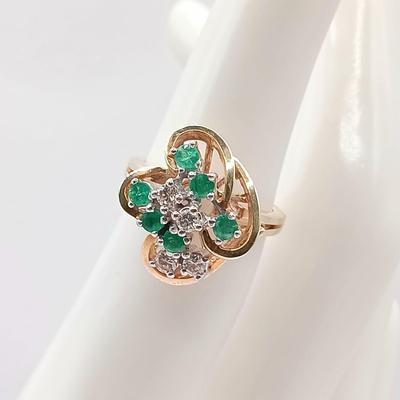 LOT 244: 14K Yellow Gold, Emerald and Diamond Ring 4.5gtw Sz 6