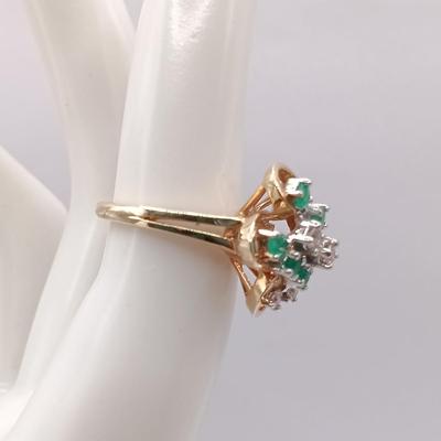 LOT 244: 14K Yellow Gold, Emerald and Diamond Ring 4.5gtw Sz 6
