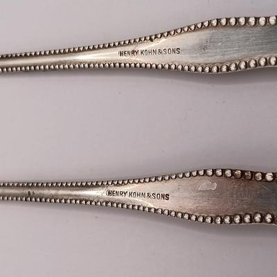 LOT 247: Set of 3 Sterling Silver Henry Kohn & Sons Cocktail Forks 40.32gtw with an Unmarked Silverplate and Shell Spoon